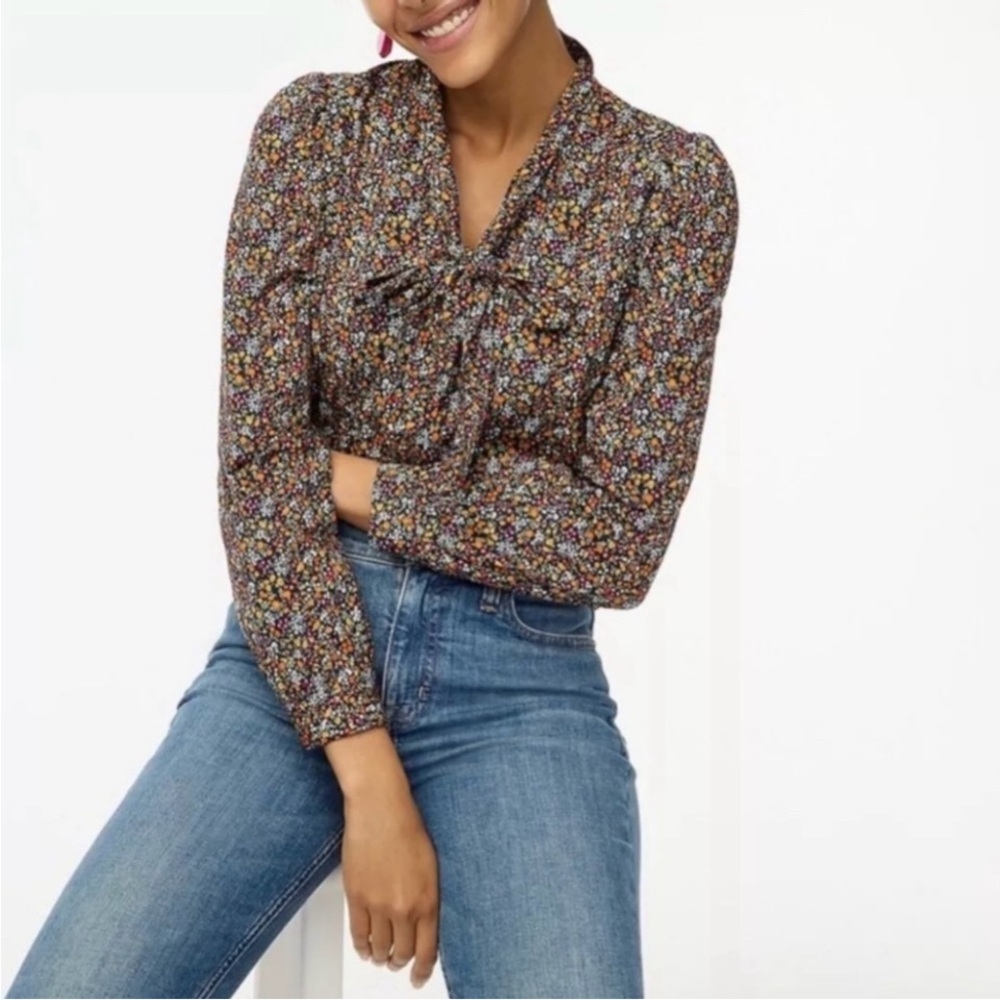J Crew multi-color Micro Floral Bow Tie-Neck Button Front long-sleeved retro Top - Picture 7 of 7